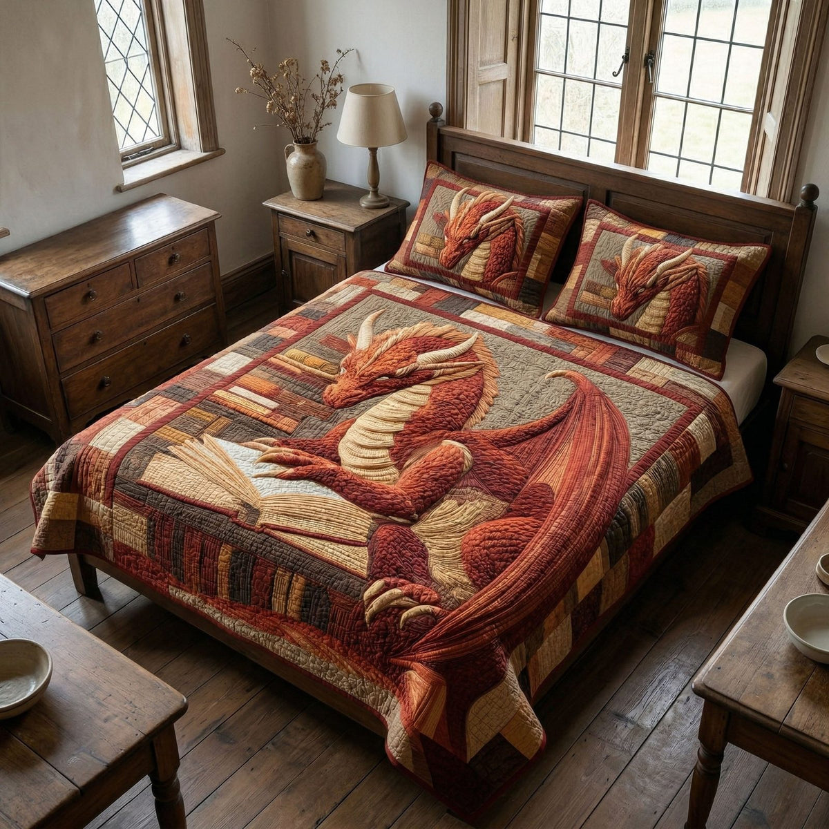 Crimson Dragon quilted 3-piece bedding set on a made bed with two matching pillow shams