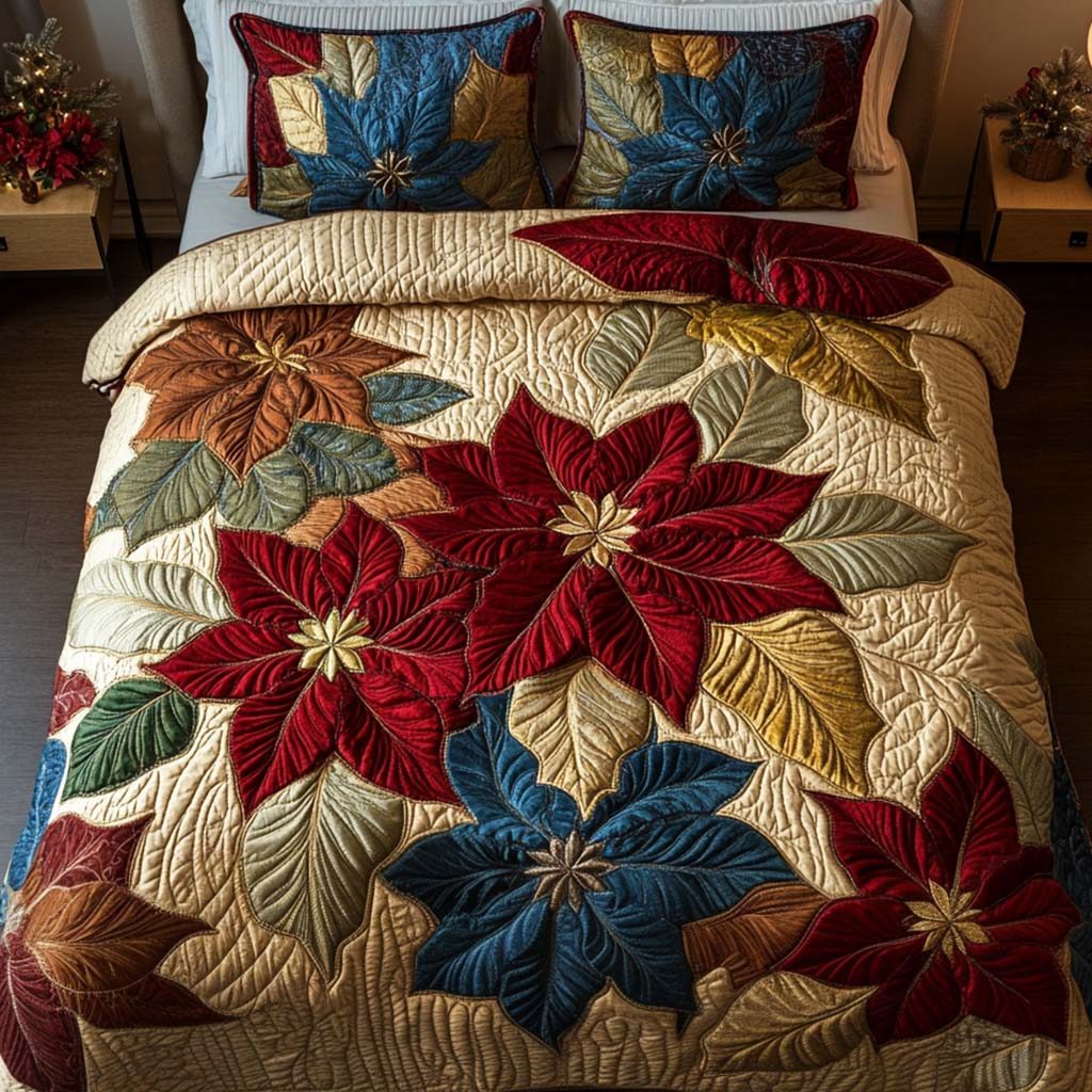 Crimson Dreams quilted 3-piece bedding set on a made bed with two matching pillow shams