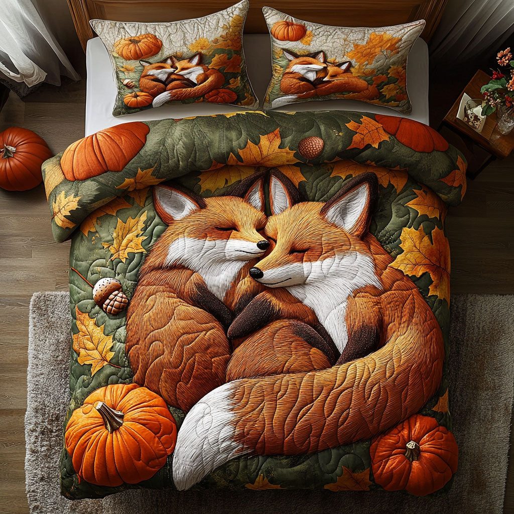 Crimson Fox Journey quilted 3-piece bedding set on a made bed with two matching pillow shams