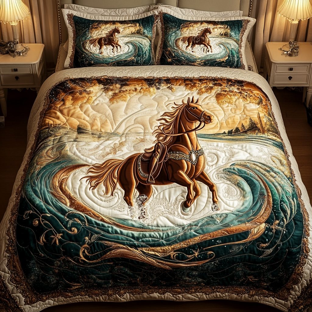Crimson Gallop quilted 3-piece bedding set on a made bed with two matching pillow shams