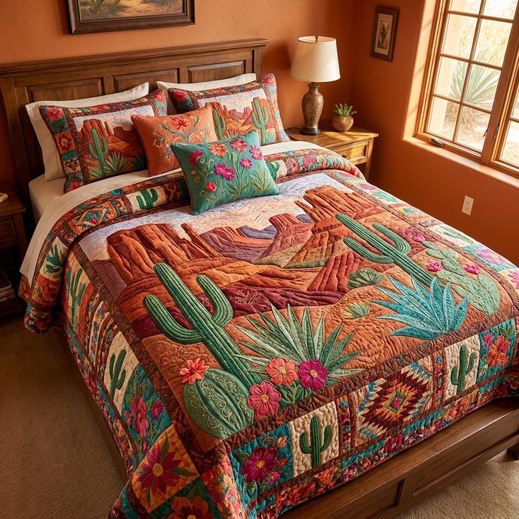 Crimson Mesa Sunset quilted 3-piece bedding set on a made bed with two matching pillow shams