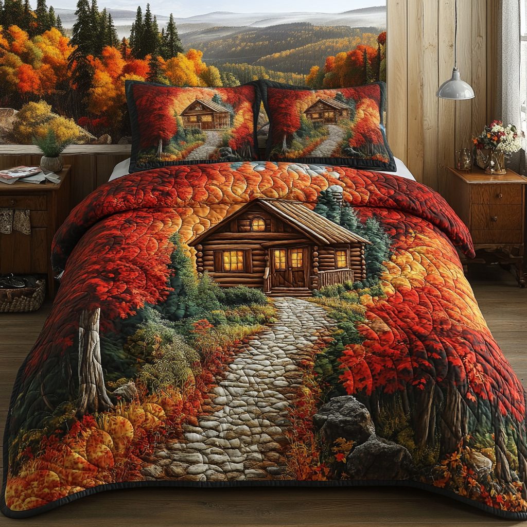 Crimson Path Cabin quilted 3-piece bedding set on a made bed with two matching pillow shams