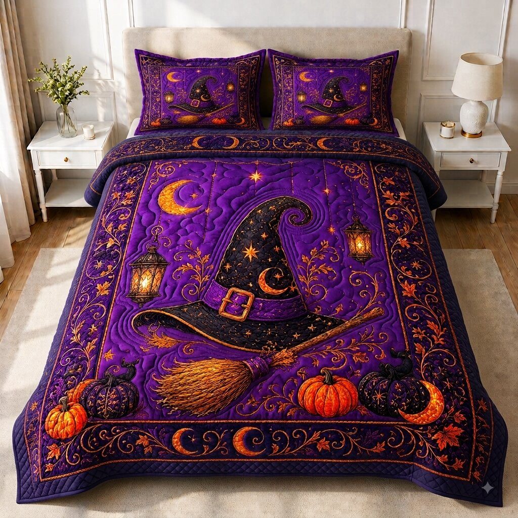Crimson Witch quilted 3-piece bedding set on a made bed against a dark styled interior