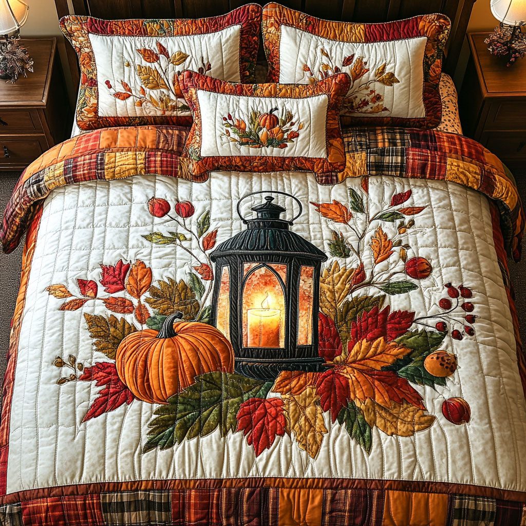 Crisp Leaves and Candles quilted 3-piece bedding set on a made bed with two matching pillow shams