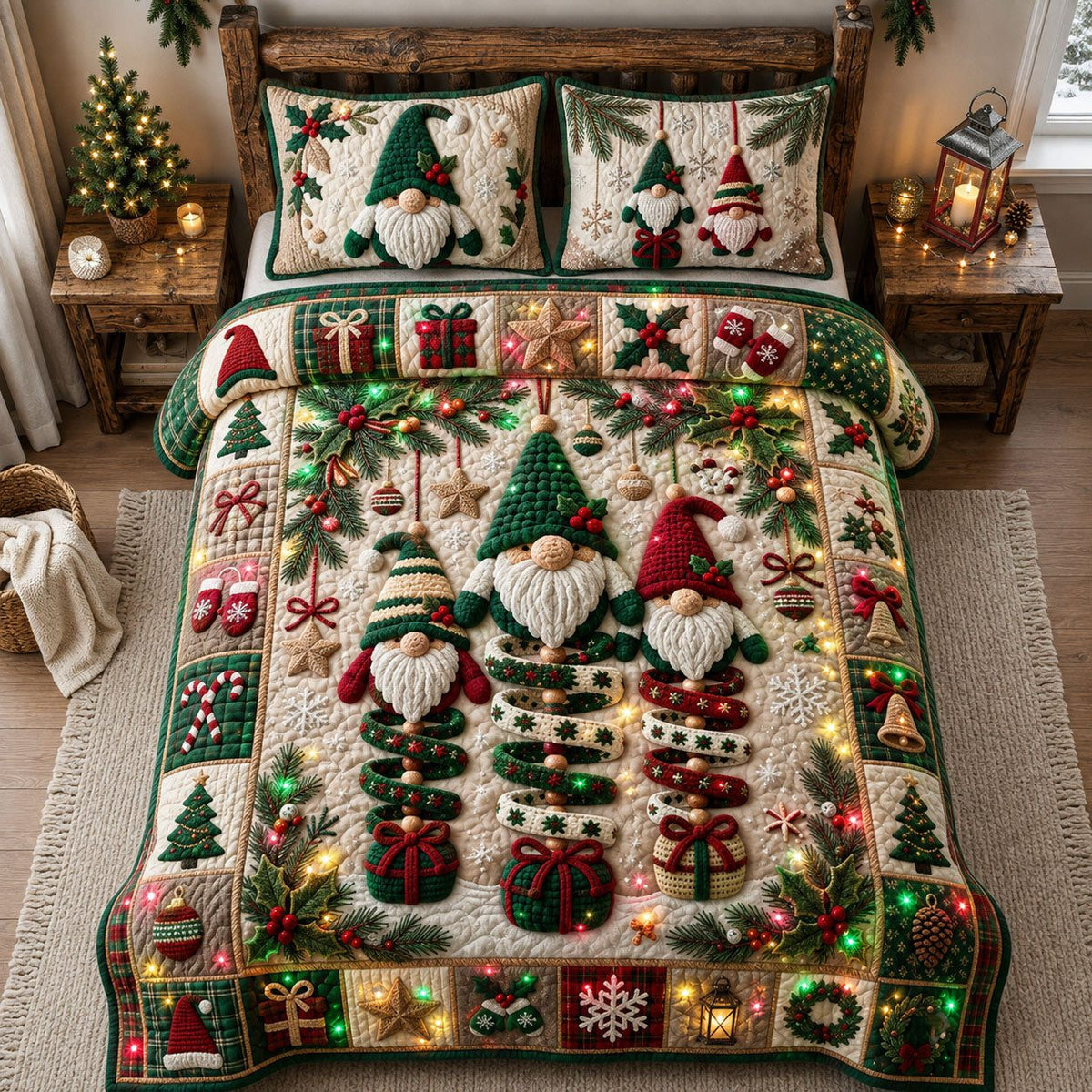 Crochet Gnome Wind Spinner quilted 3-piece bedding set on a made bed with two matching pillow shams
