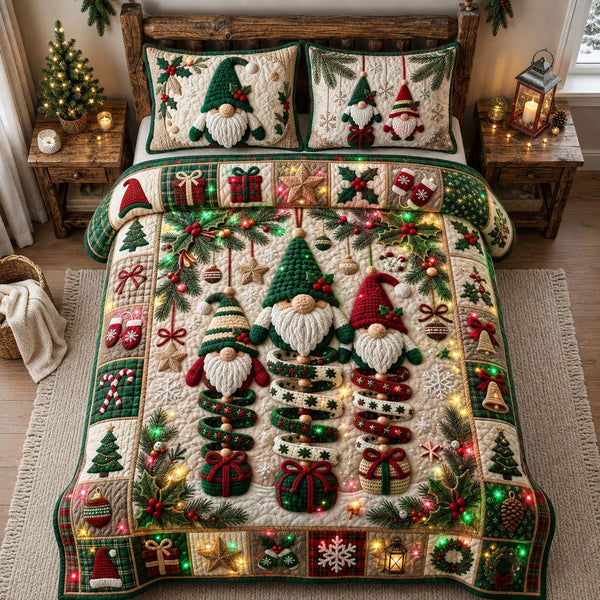 Crochet Gnome Wind Spinner quilted 3-piece bedding set on a made bed with two matching pillow shams