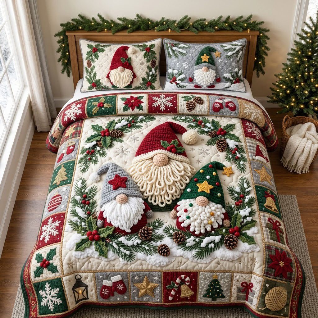 Crochet Gnomes quilted 3-piece bedding set on a made bed with two matching pillow shams