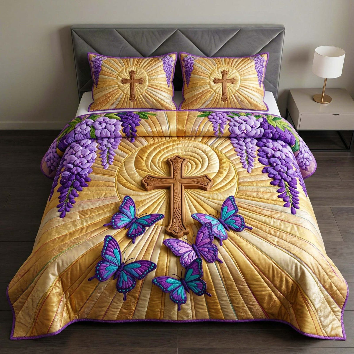 Cross Butterflies quilted 3-piece bedding set on a made bed in a softly lit bedroom