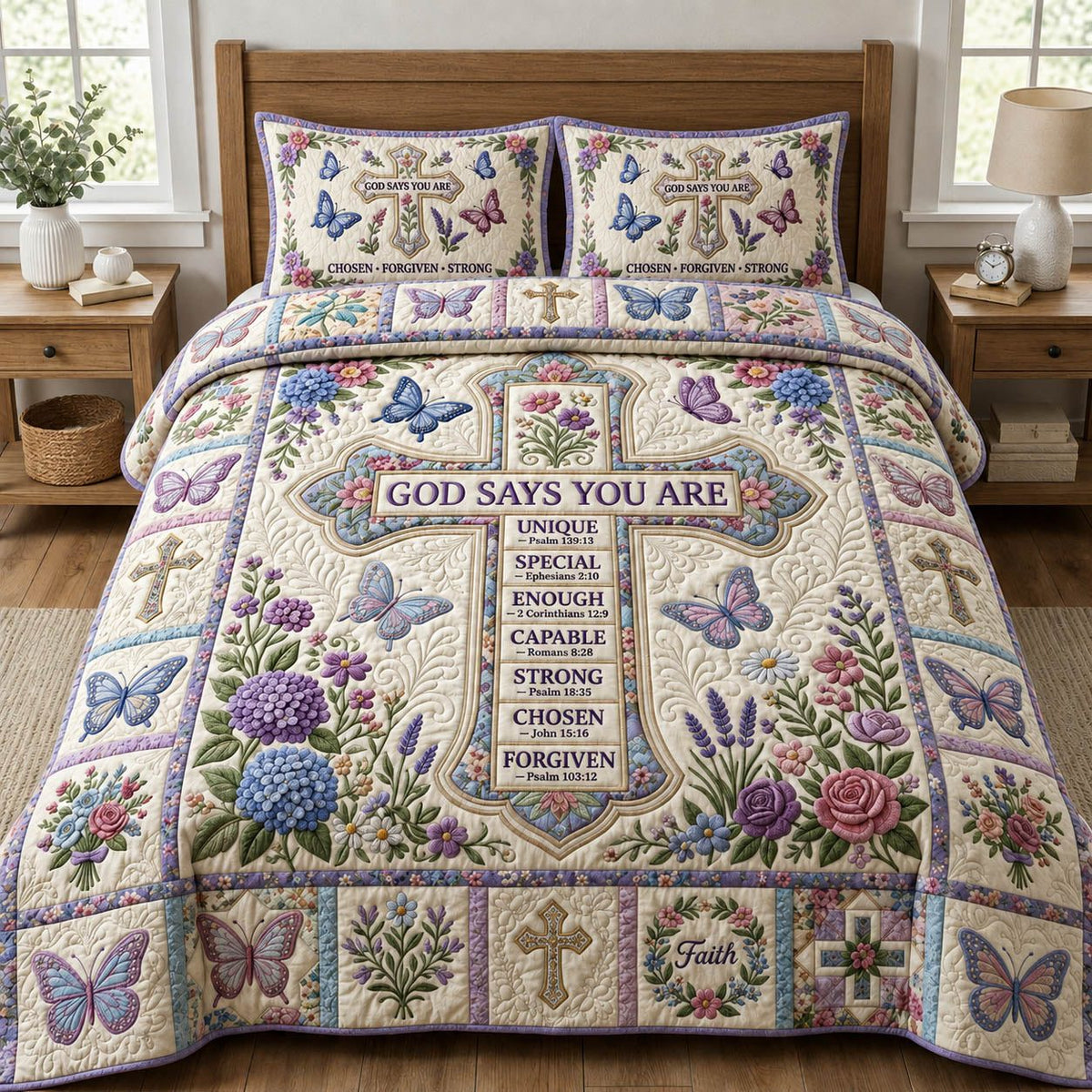 Cross God Says You Are quilted 3-piece bedding set on a made bed in a softly lit bedroom