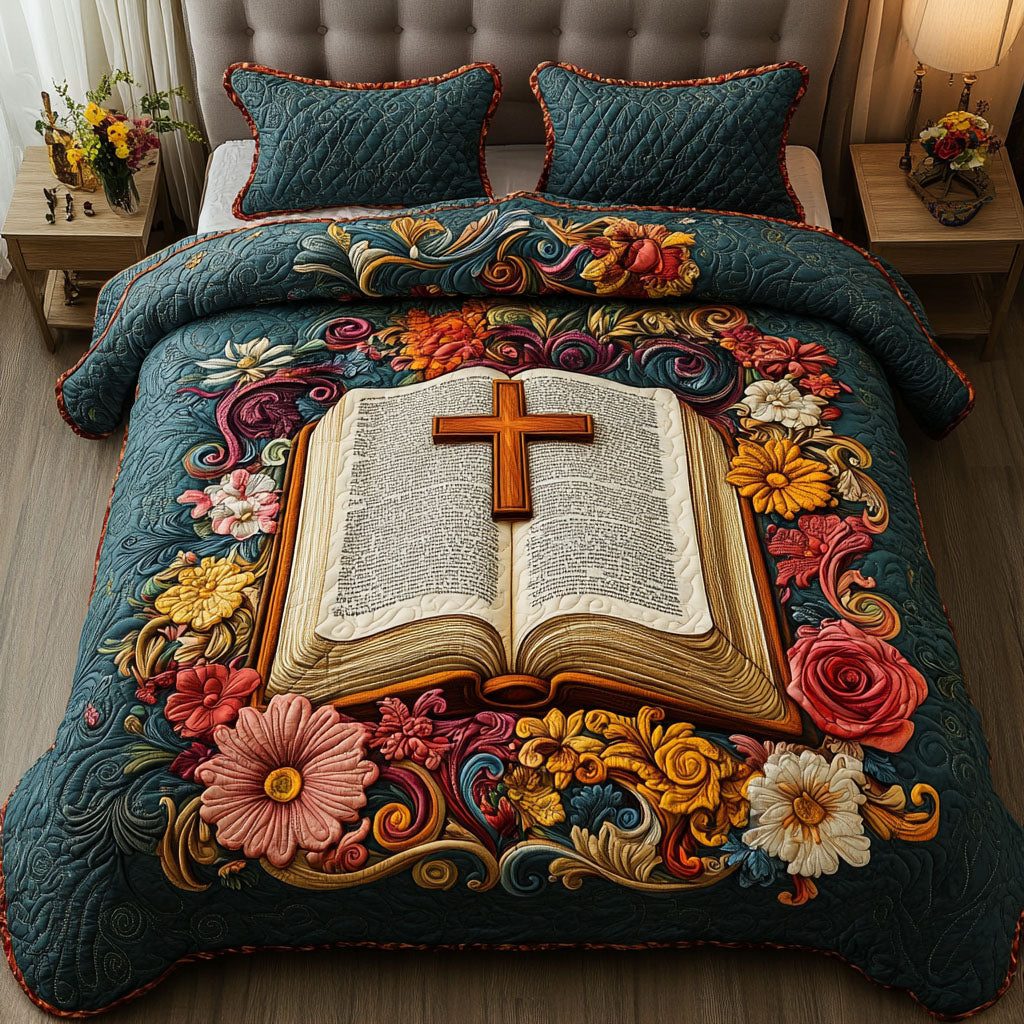 Cross in Bloom quilted 3-piece bedding set on a made bed in a softly lit bedroom