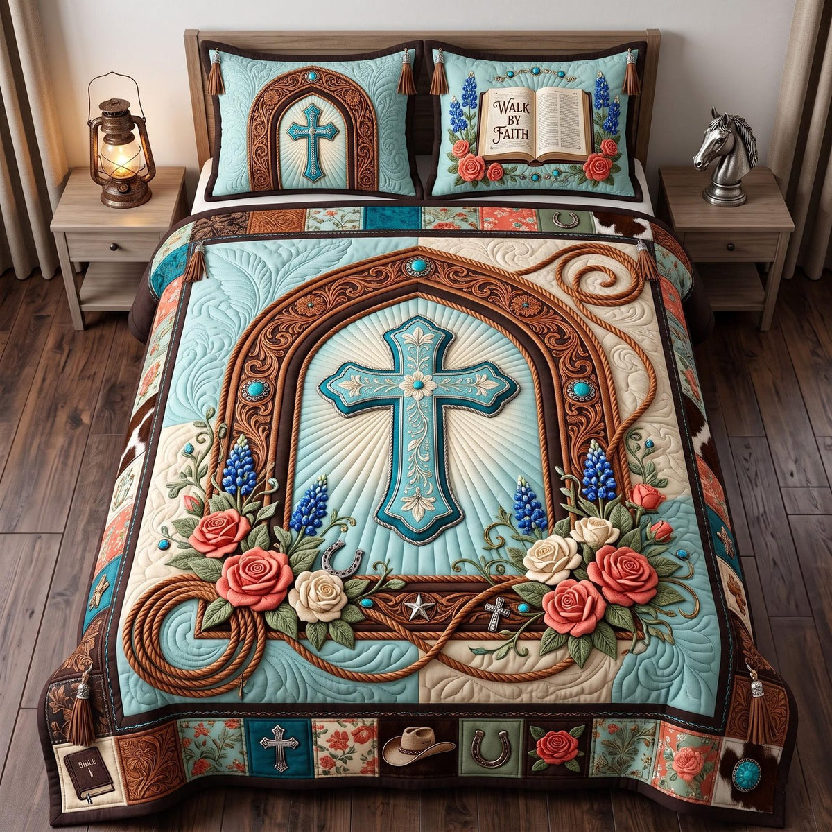 Cross of Faith quilted 3-piece bedding set on a made bed in a softly lit bedroom