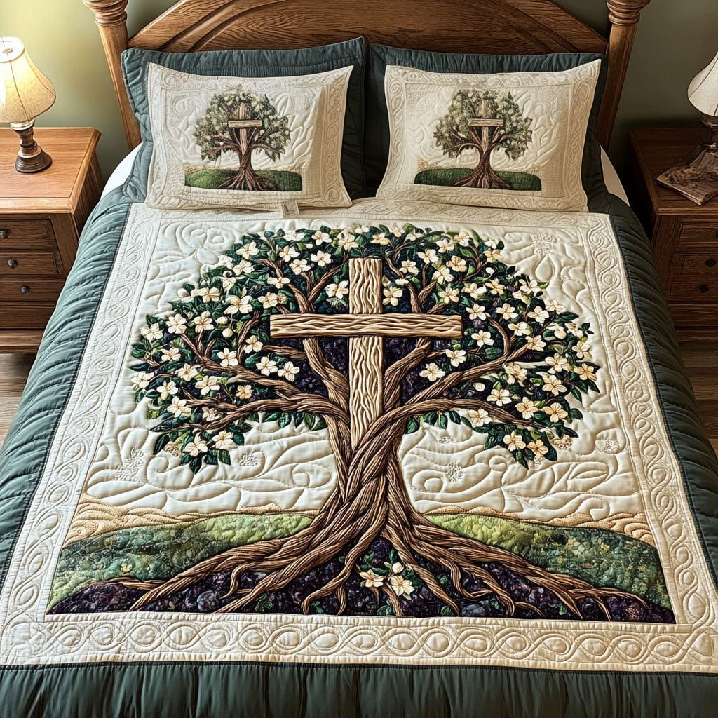 Cross of Grace and Truth quilted 3-piece bedding set on a made bed in a softly lit bedroom