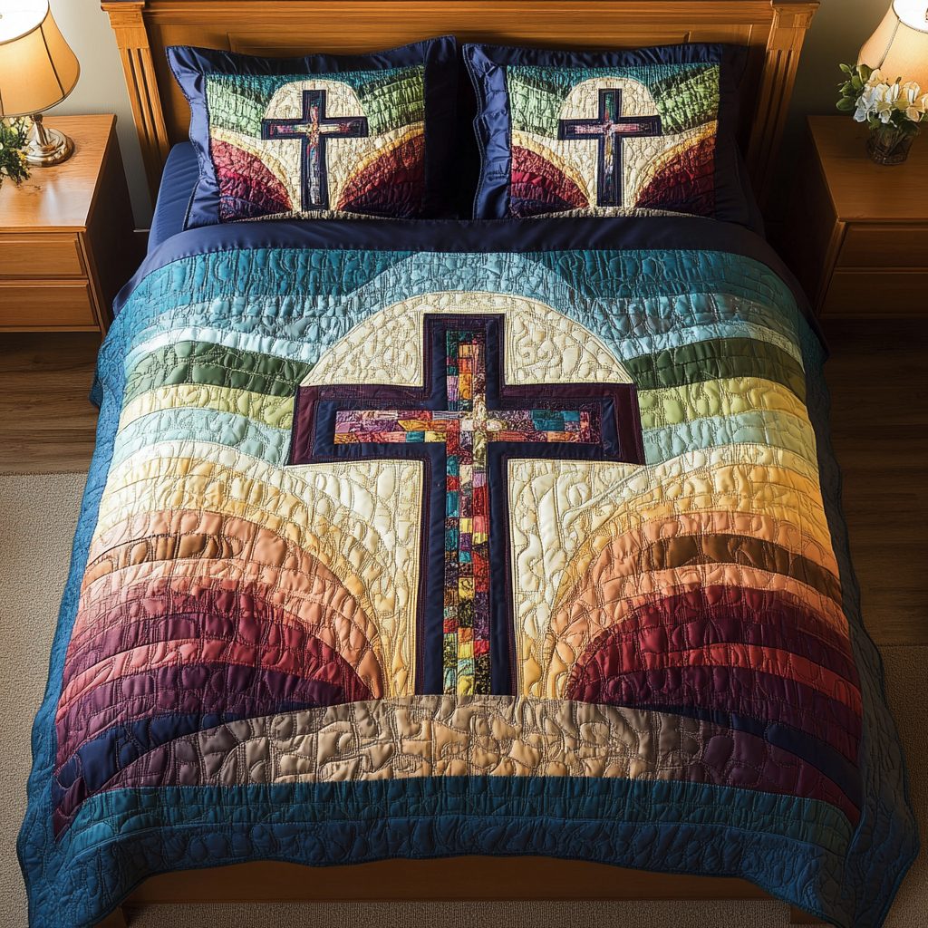 Cross of Hope quilted 3-piece bedding set on a made bed in a softly lit bedroom
