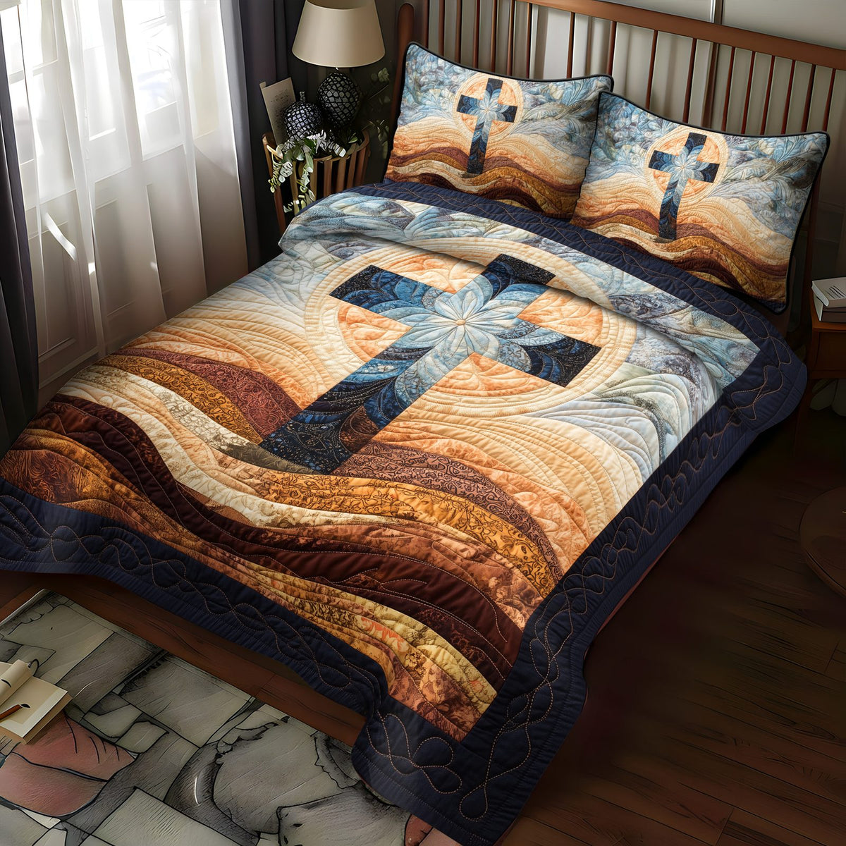 Cross of Light quilted 3-piece bedding set on a made bed in a softly lit bedroom