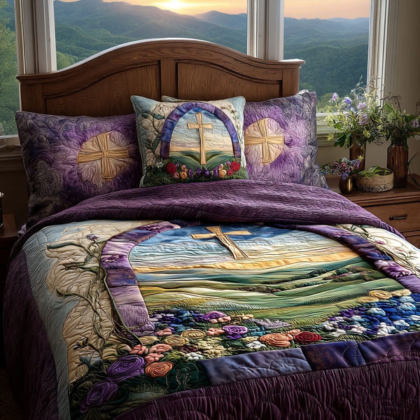 Cross of Prayer quilted 3-piece bedding set on a made bed in a softly lit bedroom