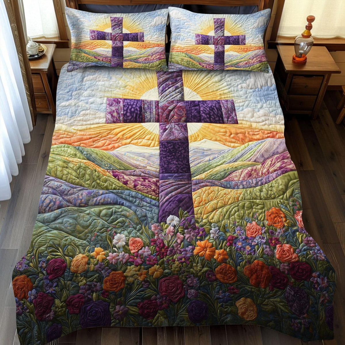 Cross of Strength quilted 3-piece bedding set on a made bed in a softly lit bedroom