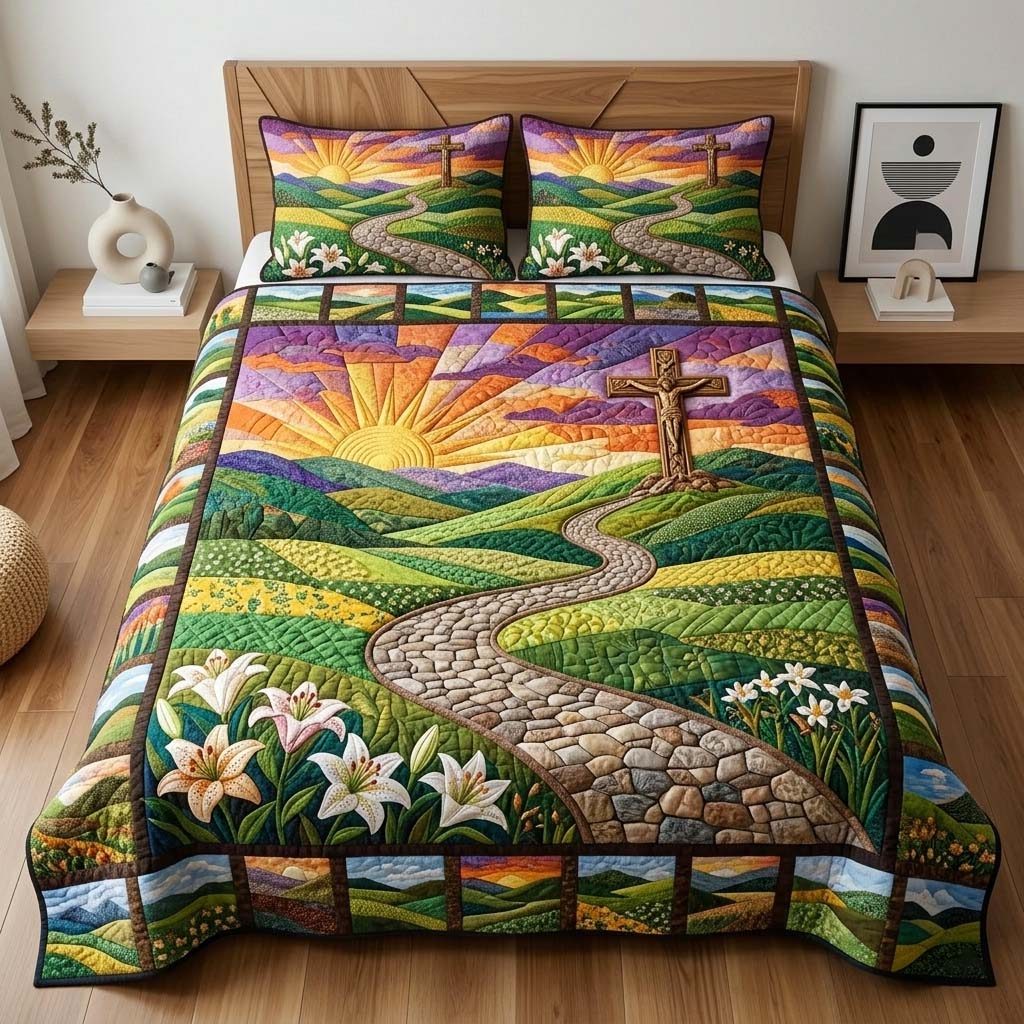 Cross Path quilted 3-piece bedding set on a made bed in a softly lit bedroom