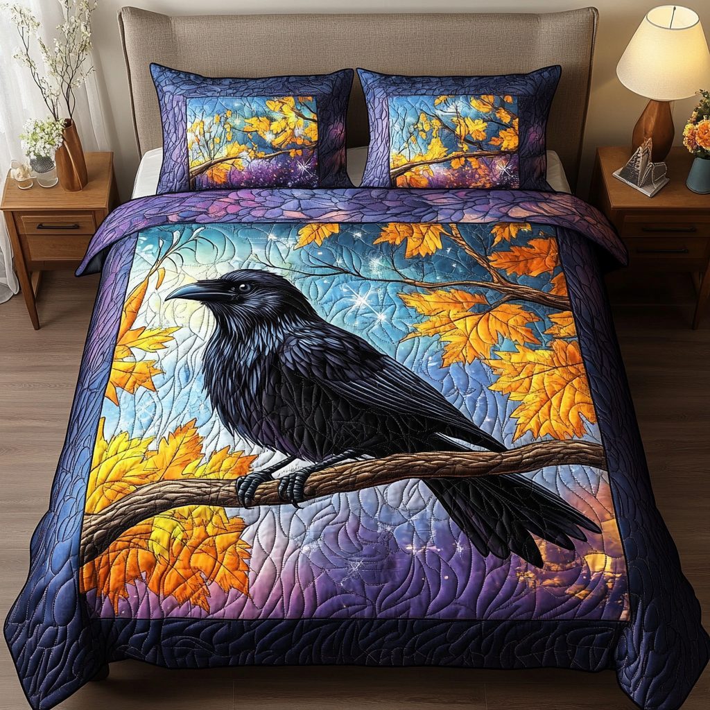 Crow Flight quilted 3-piece bedding set on a made bed with two matching pillow shams
