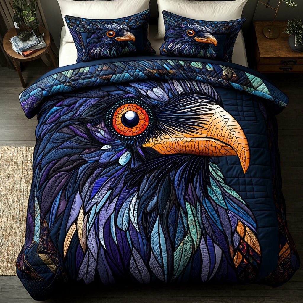 Crow Journey quilted 3-piece bedding set on a made bed with two matching pillow shams