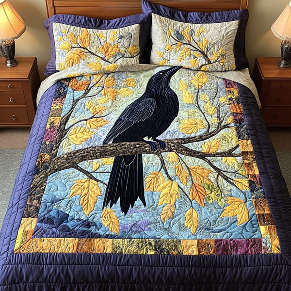 Crow Spirit quilted 3-piece bedding set on a made bed with two matching pillow shams
