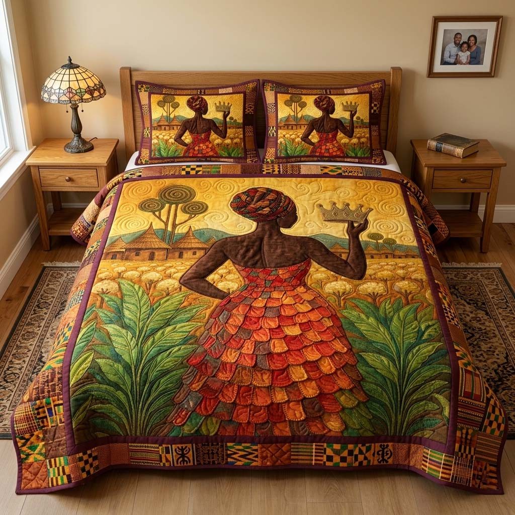 Crowned Queen quilted 3-piece bedding set on a made bed with two matching pillow shams