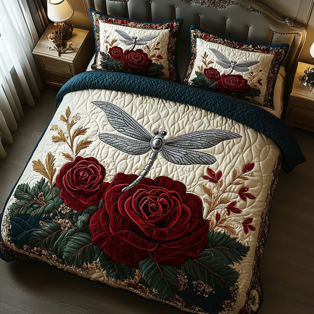 Crystal Dragonfly quilted 3-piece bedding set on a made bed with two matching pillow shams
