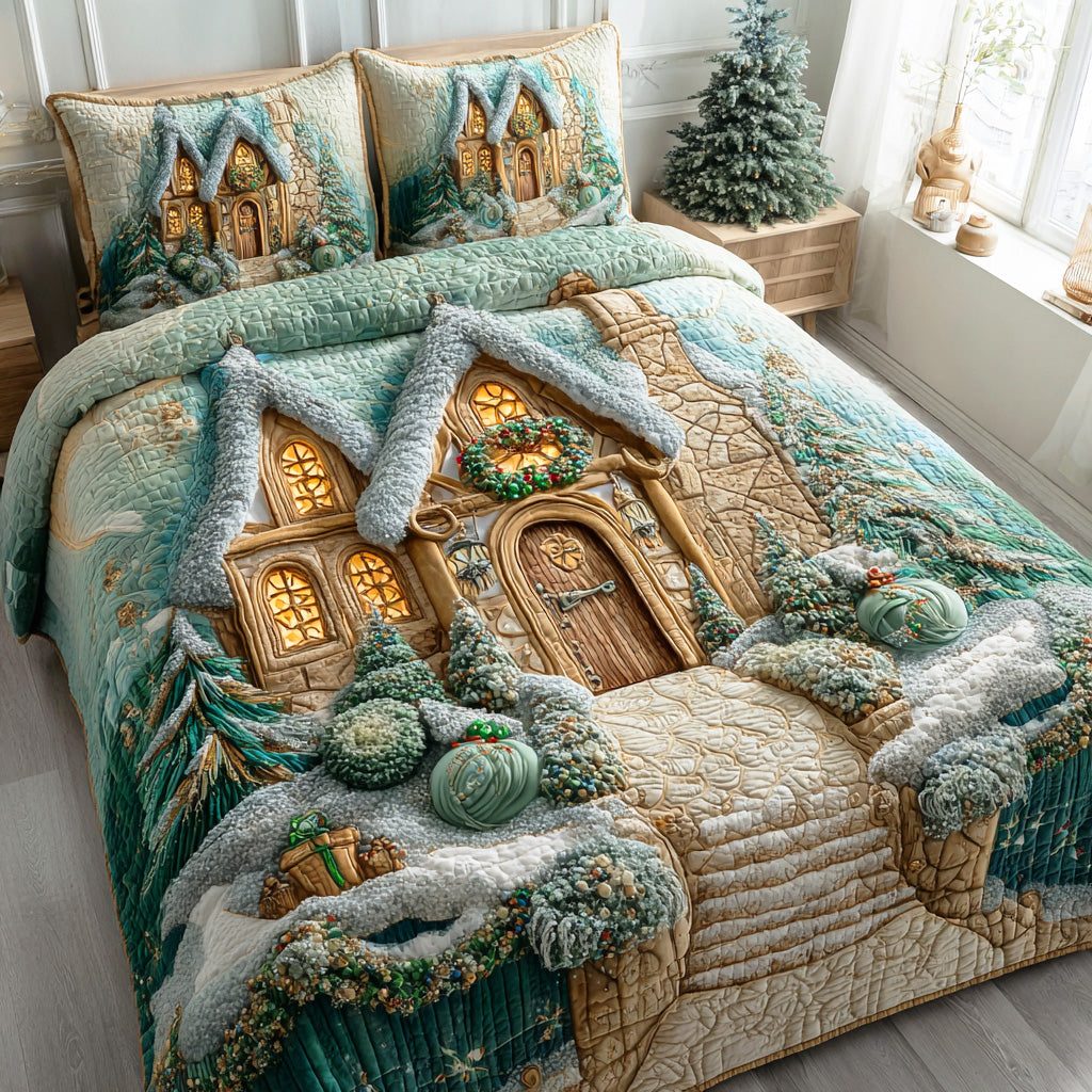 Crystal Morning quilted 3-piece bedding set on a made bed with two matching pillow shams