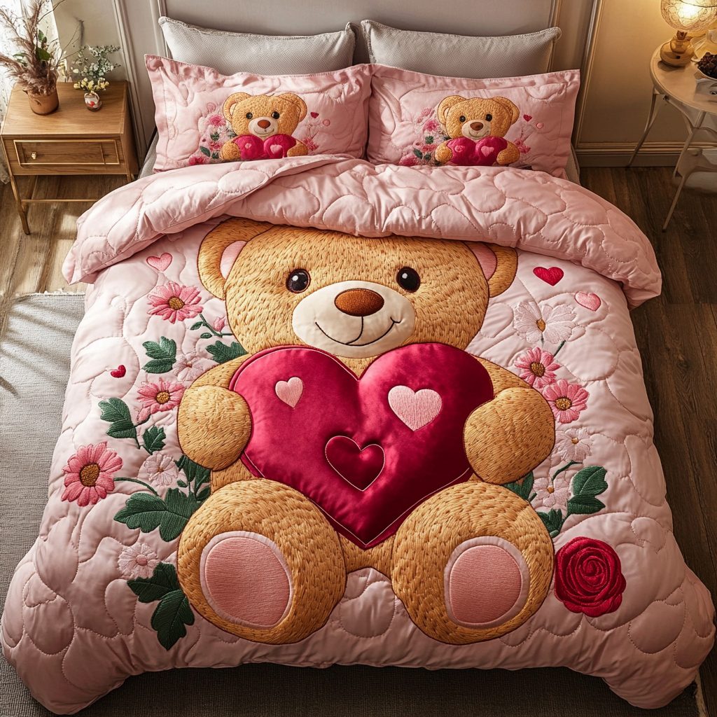 Cuddle Bear Bliss quilted 3-piece bedding set on a made bed with two matching pillow shams