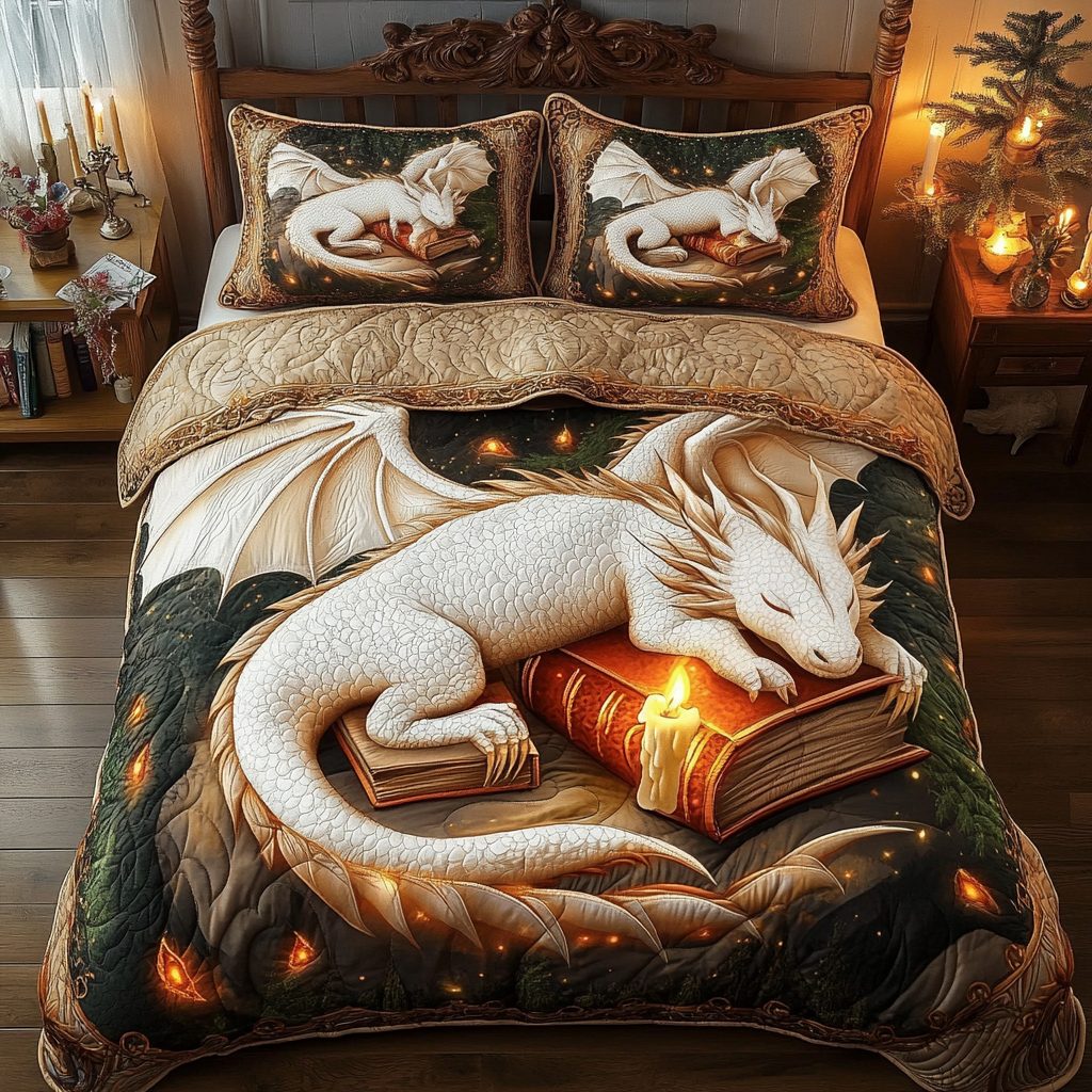Cuddling Dragon quilted 3-piece bedding set on a made bed with two matching pillow shams