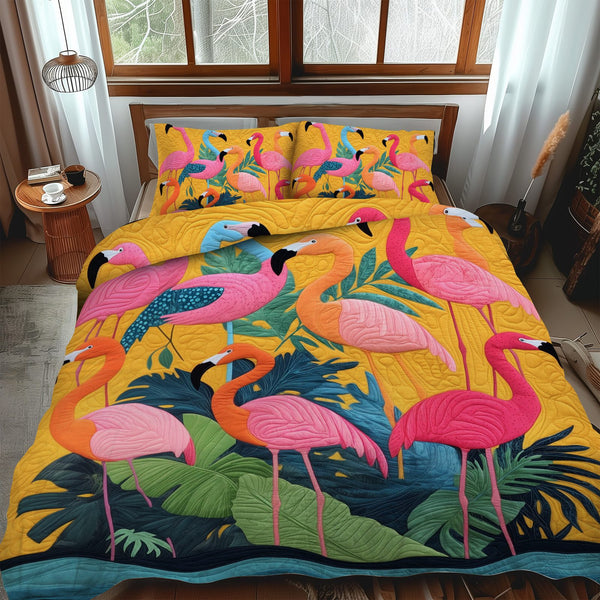 Cuddly Flamingo quilted 3-piece bedding set on a made bed with two matching pillow shams