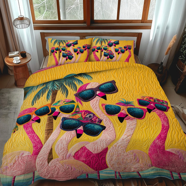 Cuddly Flamingo quilted 3-piece bedding set on a made bed with two matching pillow shams