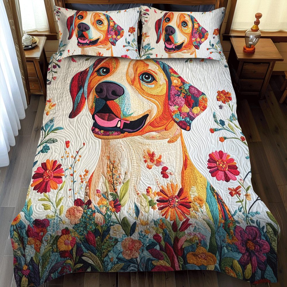Cuddly Labrador quilted 3-piece bedding set on a made bed with two matching pillow shams