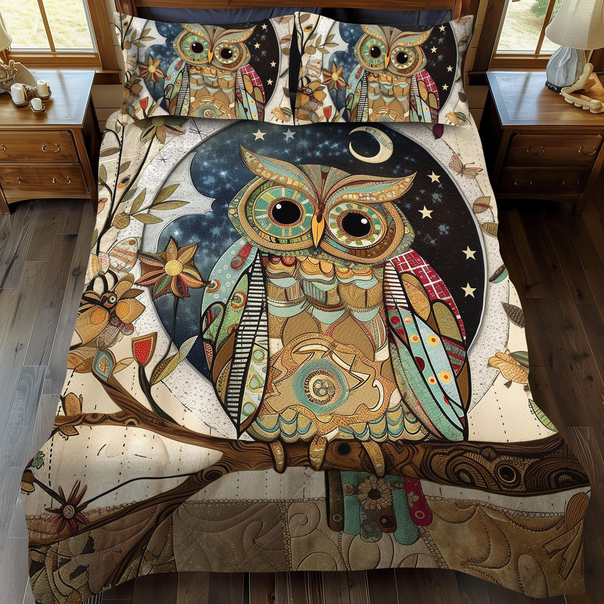 Cuddly Owl quilted 3-piece bedding set on a made bed with two matching pillow shams