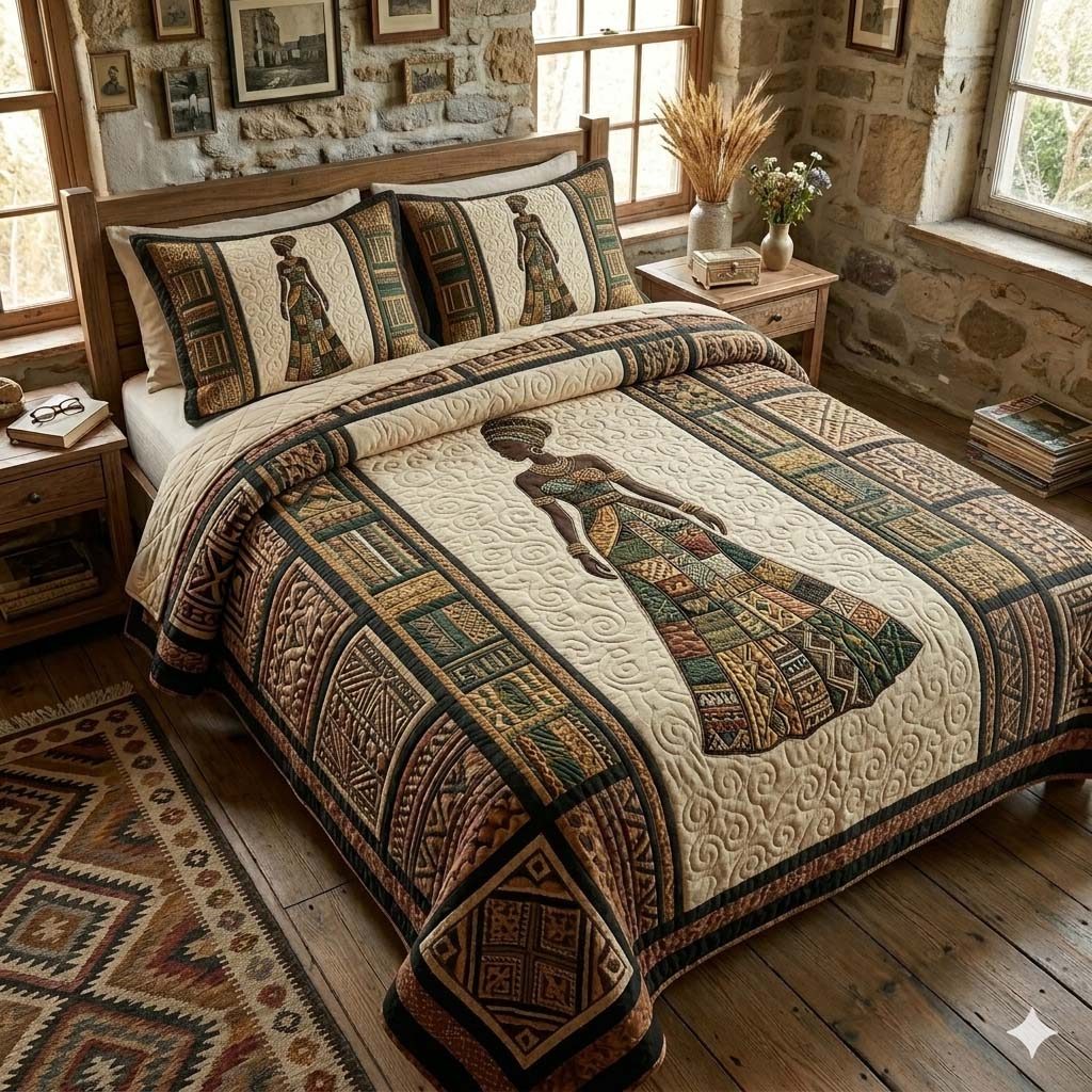 Cultural Unity quilted 3-piece bedding set on a made bed with two matching pillow shams