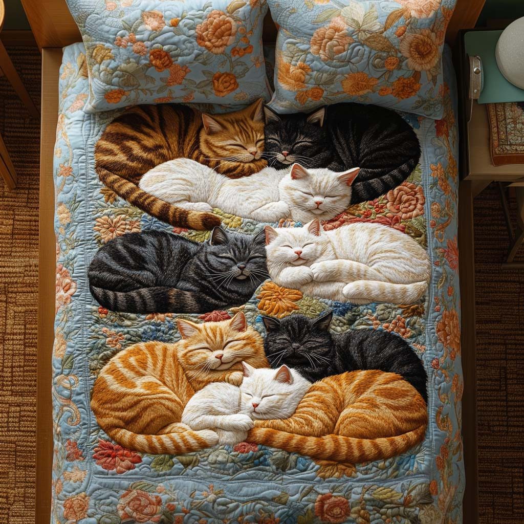 Curious Cat Day quilted 3-piece bedding set on a made bed with two matching pillow shams
