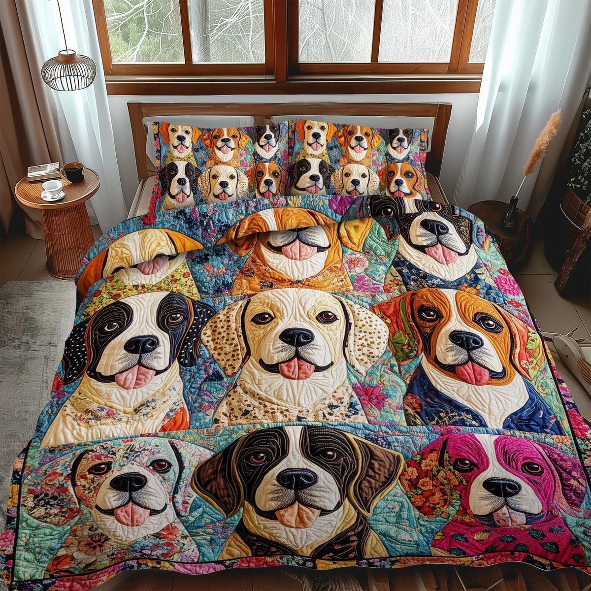 Cute Beagles quilted 3-piece bedding set on a made bed with two matching pillow shams