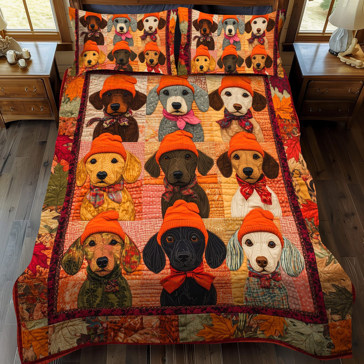 Cute Dachshunds quilted 3-piece bedding set on a made bed with two matching pillow shams