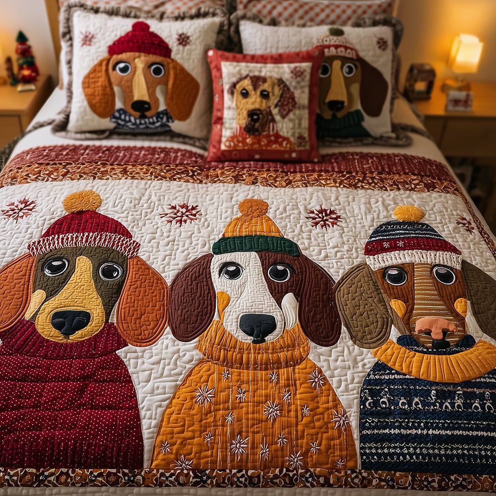 Dachshund Bed Buddies quilted 3-piece bedding set on a made bed with two matching pillow shams