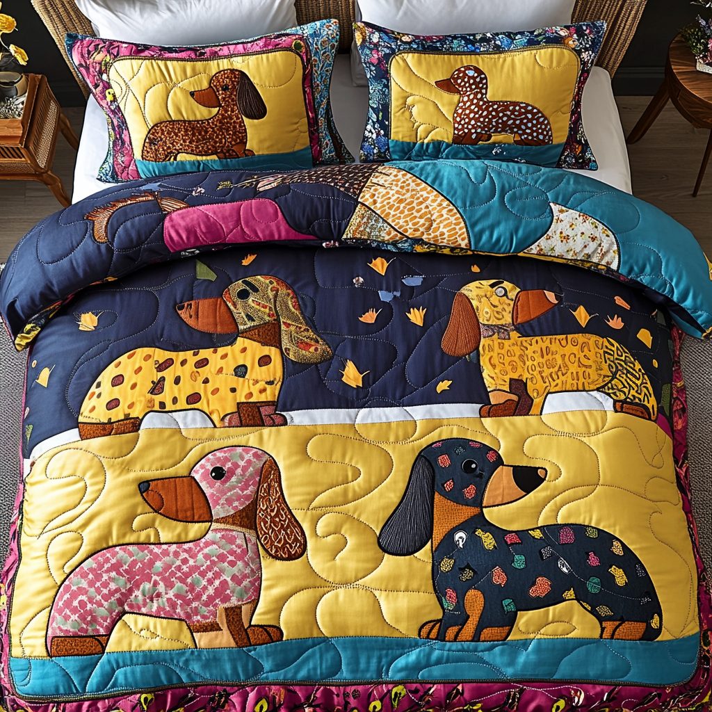 Dachshund Charm quilted 3-piece bedding set on a made bed with two matching pillow shams