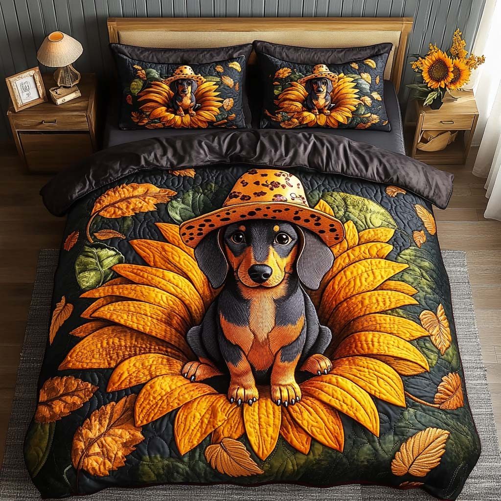 Dachshund Glow quilted 3-piece bedding set on a made bed with two matching pillow shams