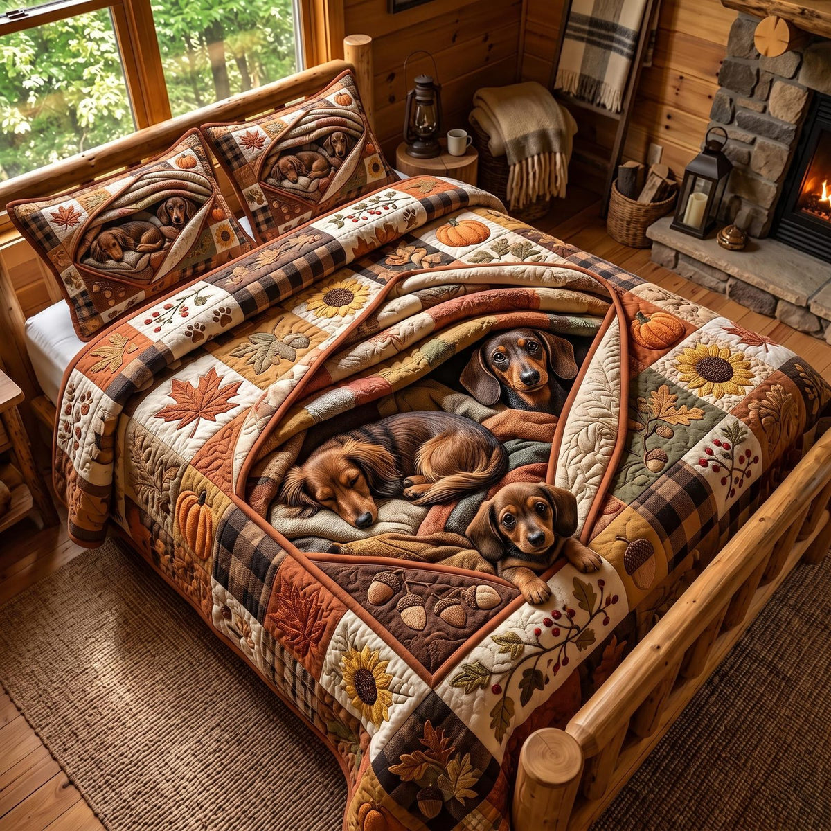 Dachshund Harvest quilted 3-piece bedding set on a made bed with two matching pillow shams