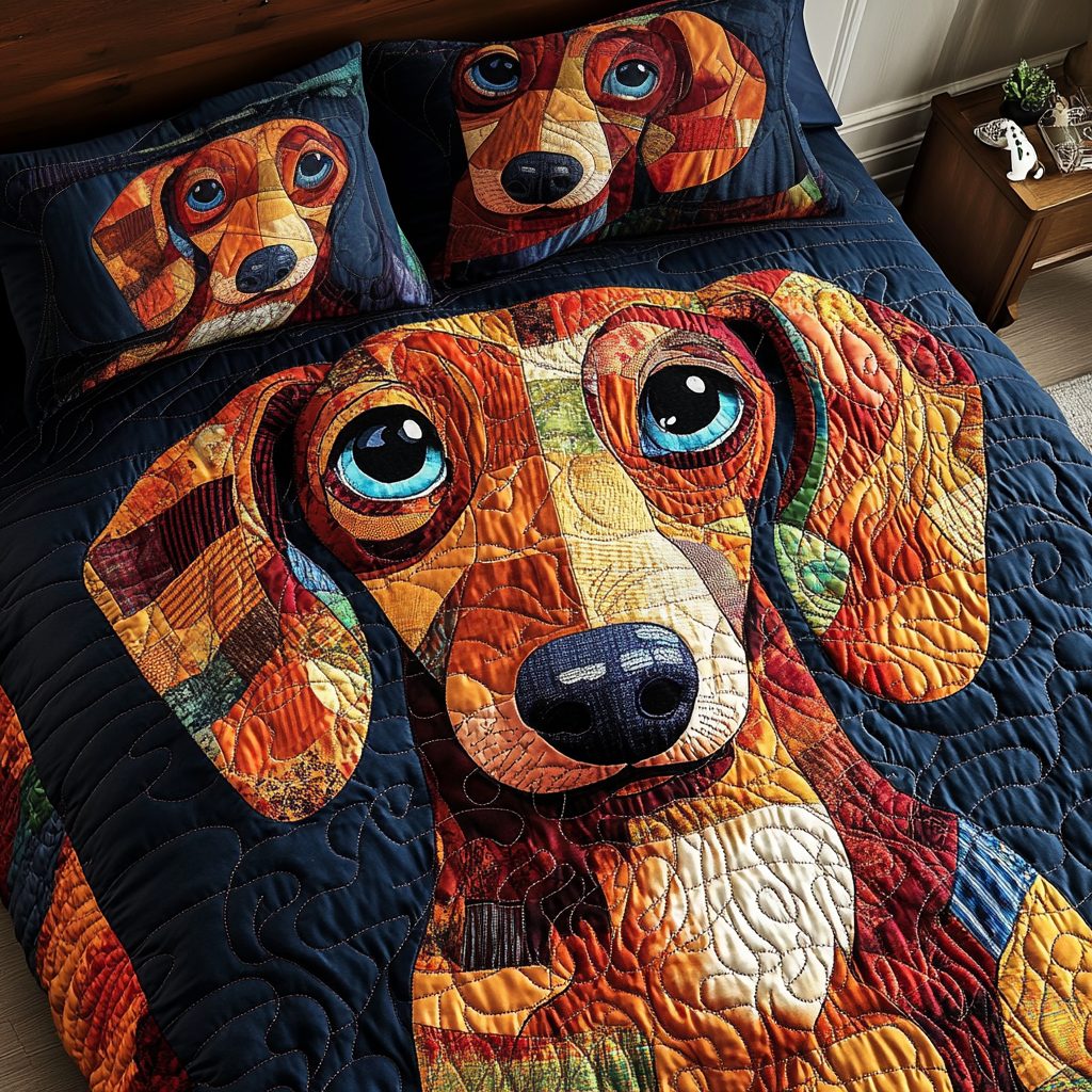 Dachshund Joy quilted 3-piece bedding set on a made bed with two matching pillow shams