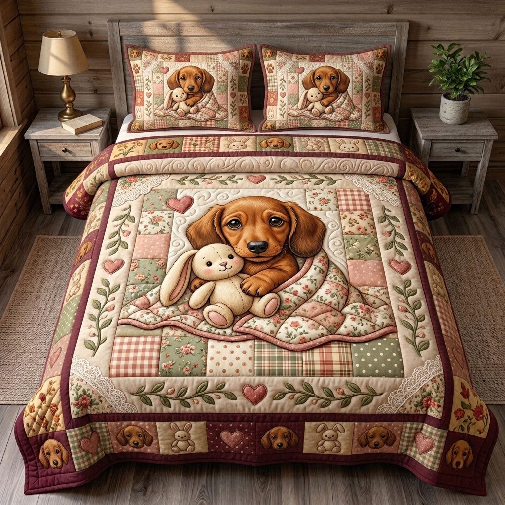 Dachshund Lover quilted 3-piece bedding set on a made bed with two matching pillow shams