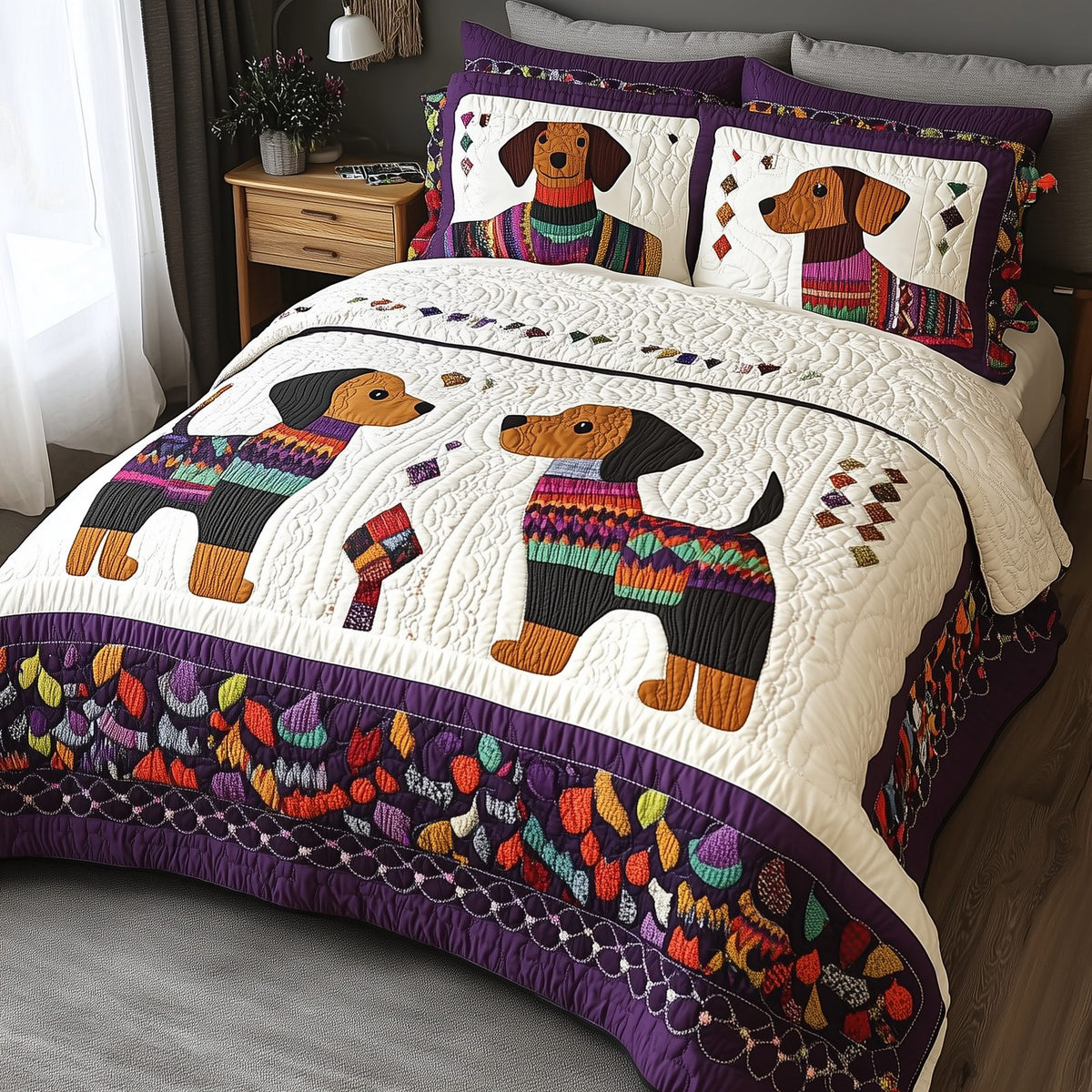 Dachshund quilted 3-piece bedding set on a made bed with two matching pillow shams