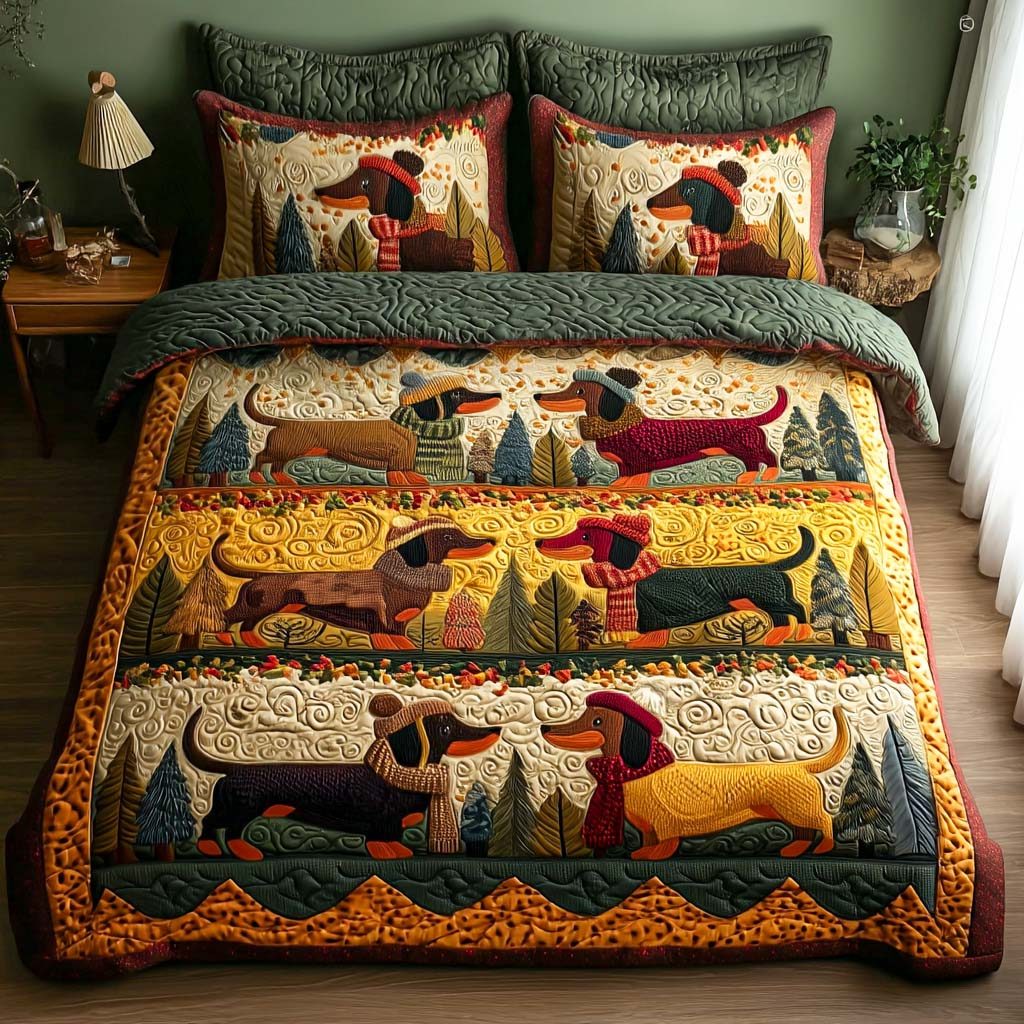 Dachshund quilted 3-piece bedding set on a made bed with two matching pillow shams