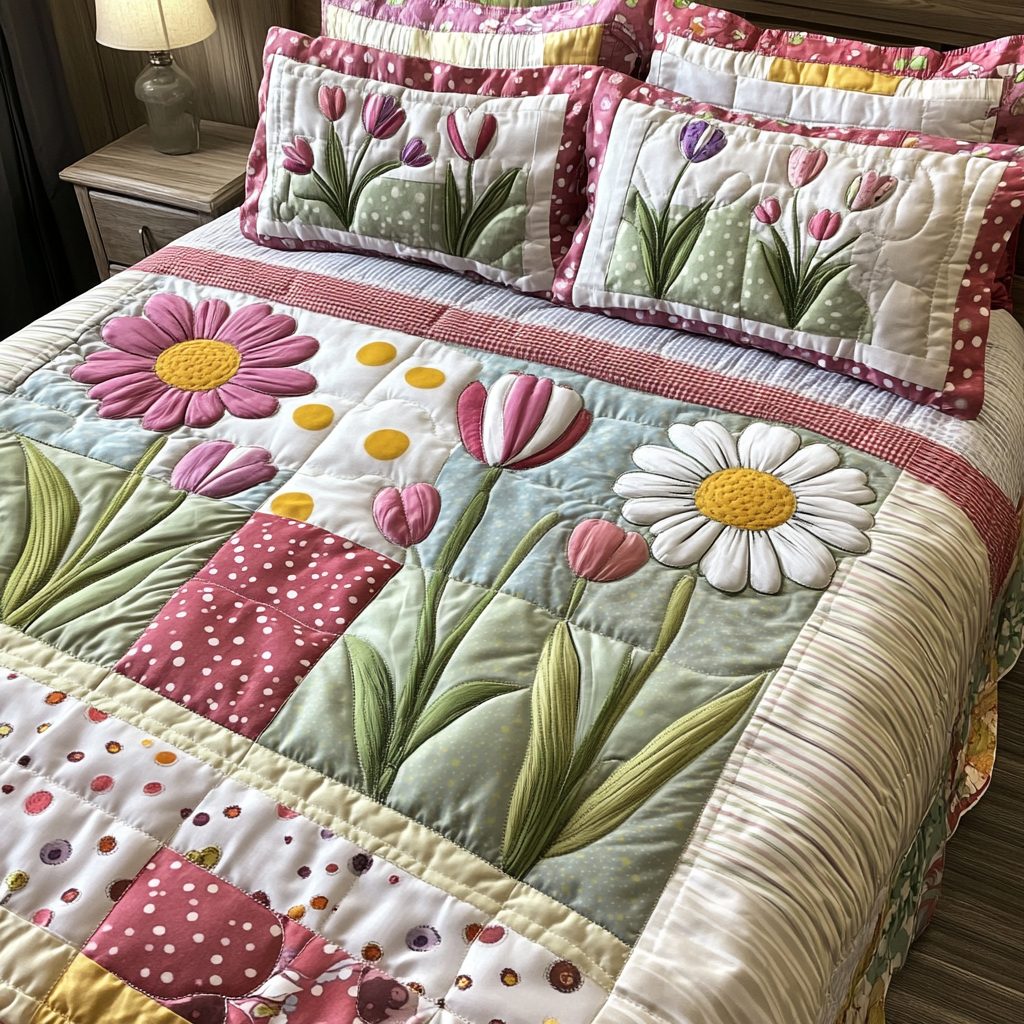 Dainty Dreams quilted 3-piece bedding set on a made bed with two matching pillow shams