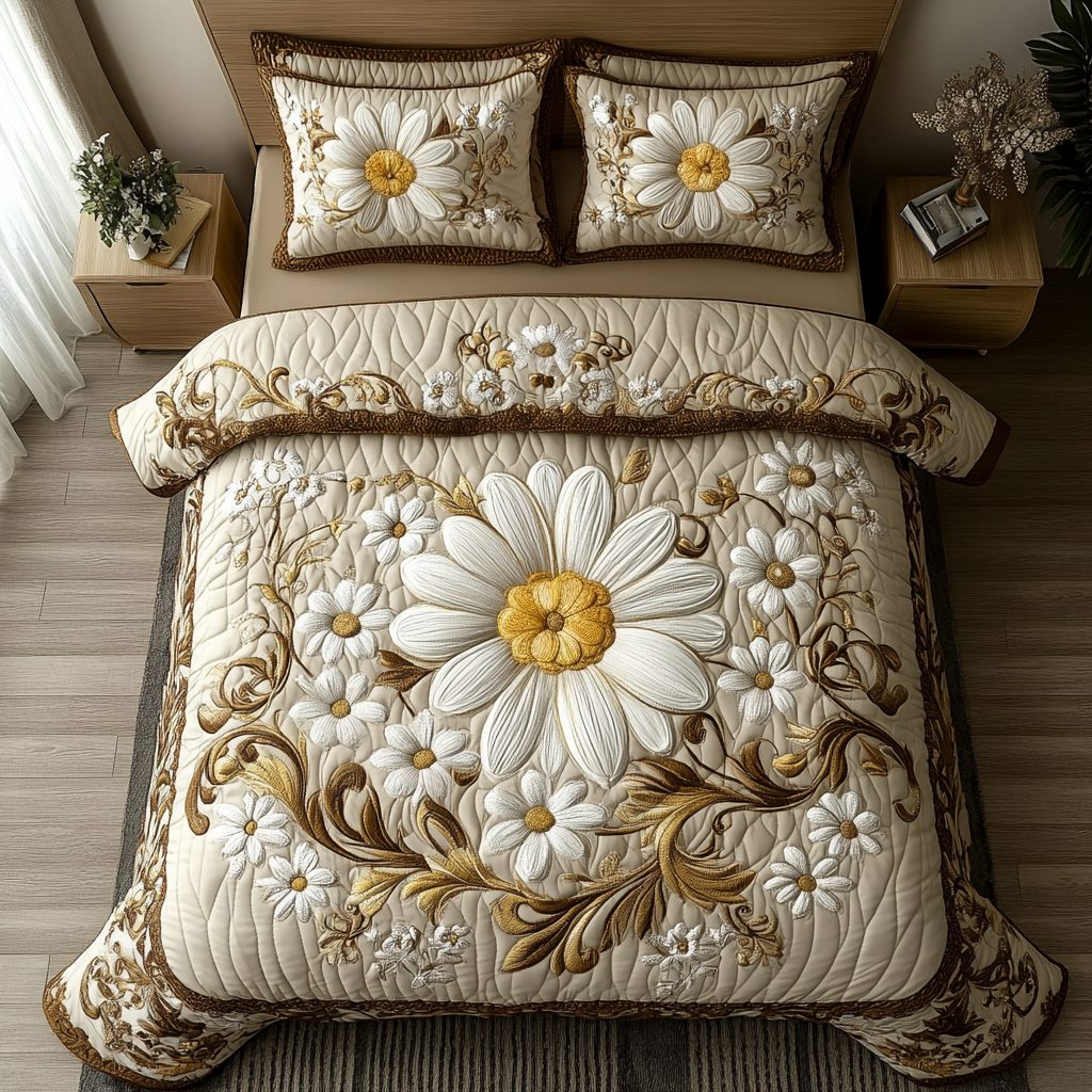 Daisy Bliss quilted 3-piece bedding set on a made bed with two matching pillow shams