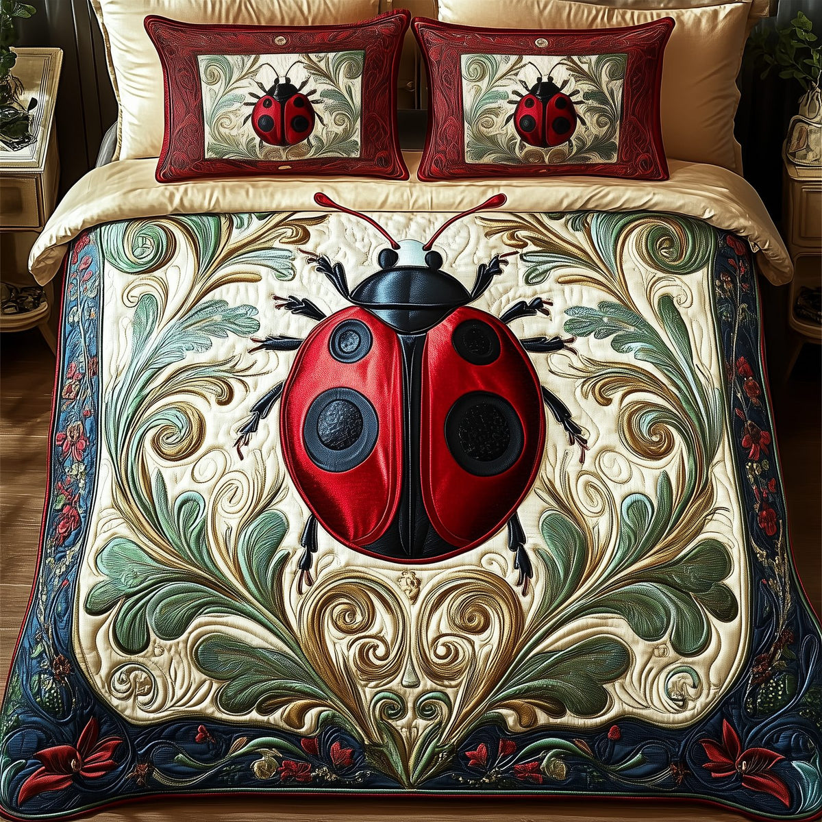 Daisy Bliss quilted 3-piece bedding set on a made bed with two matching pillow shams