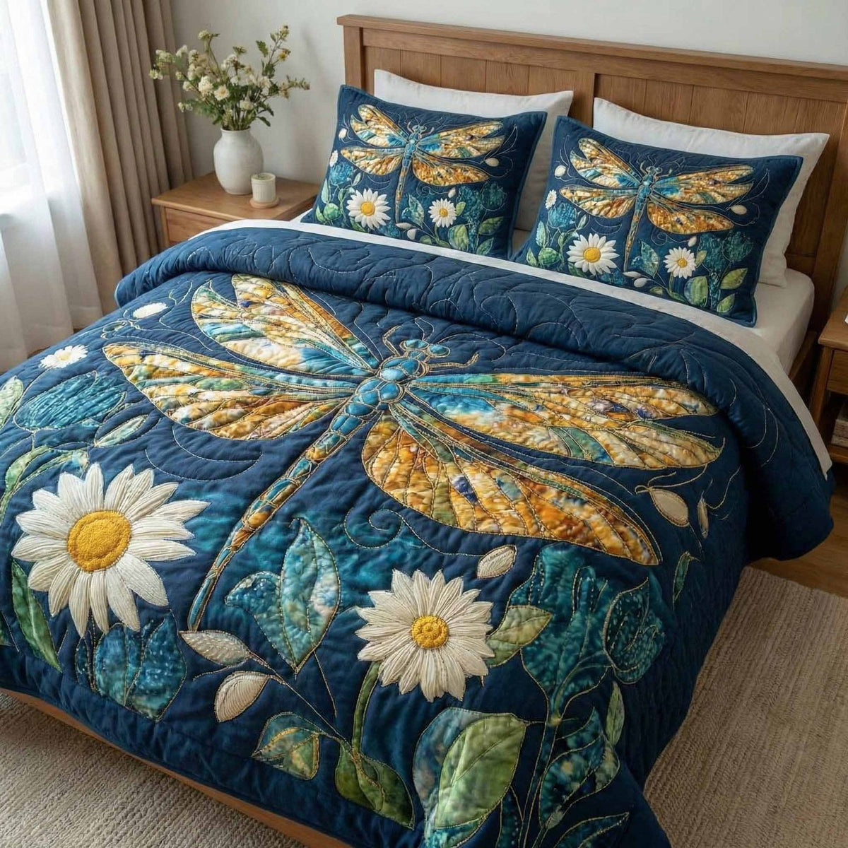 Daisy Breeze quilted 3-piece bedding set on a made bed with two matching pillow shams