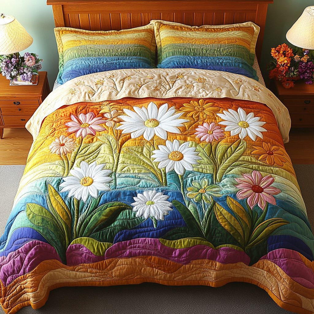 Daisy Delight quilted 3-piece bedding set on a made bed with two matching pillow shams